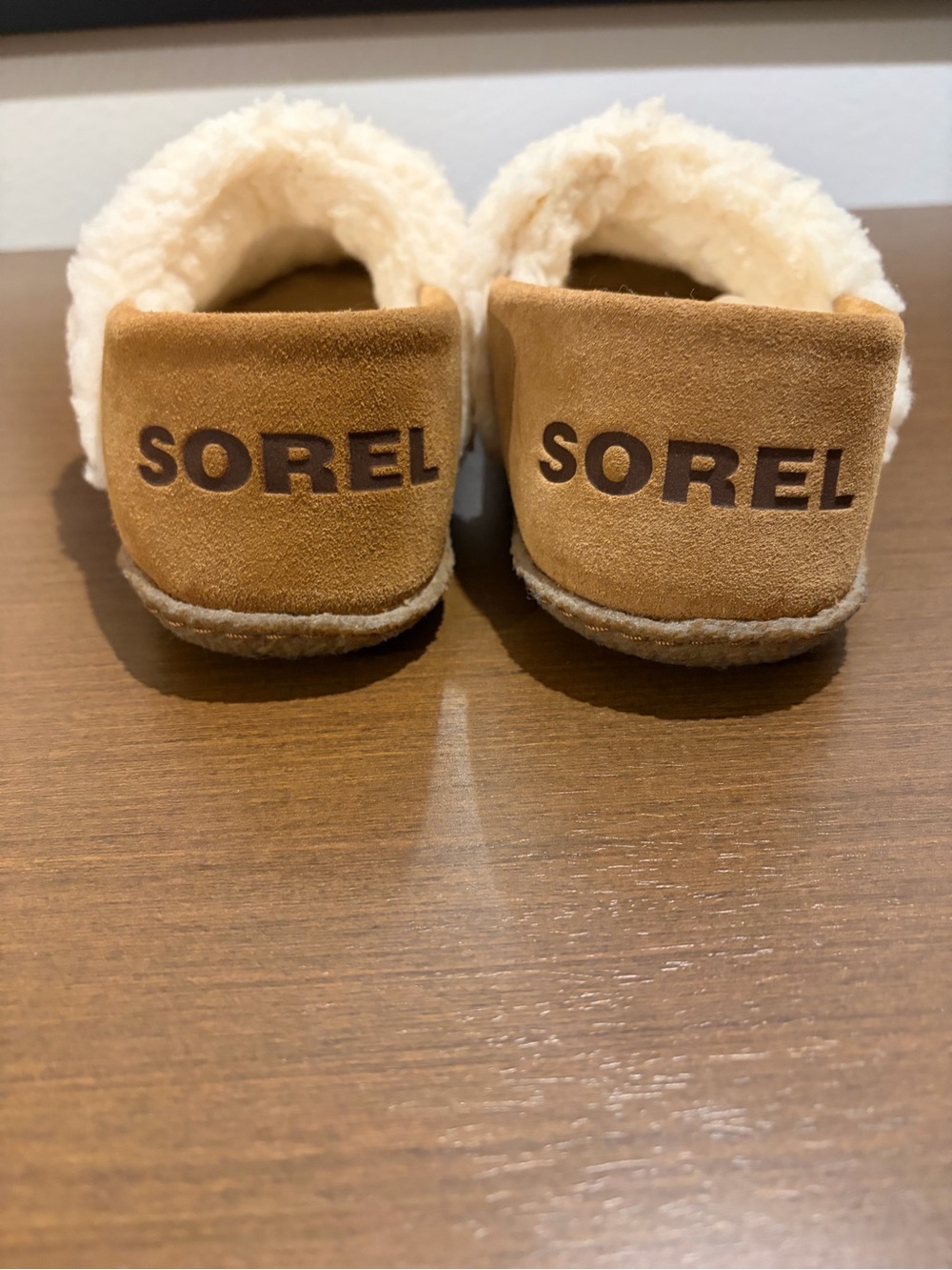 Sorel Shearling-Lined Slip-On Slippers in Tan and Cream